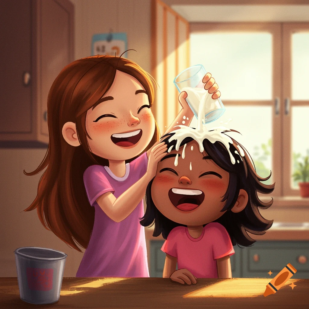 Two happy cartoon sisters playing in a sunny kitchen, one pouring milk on the other's head.