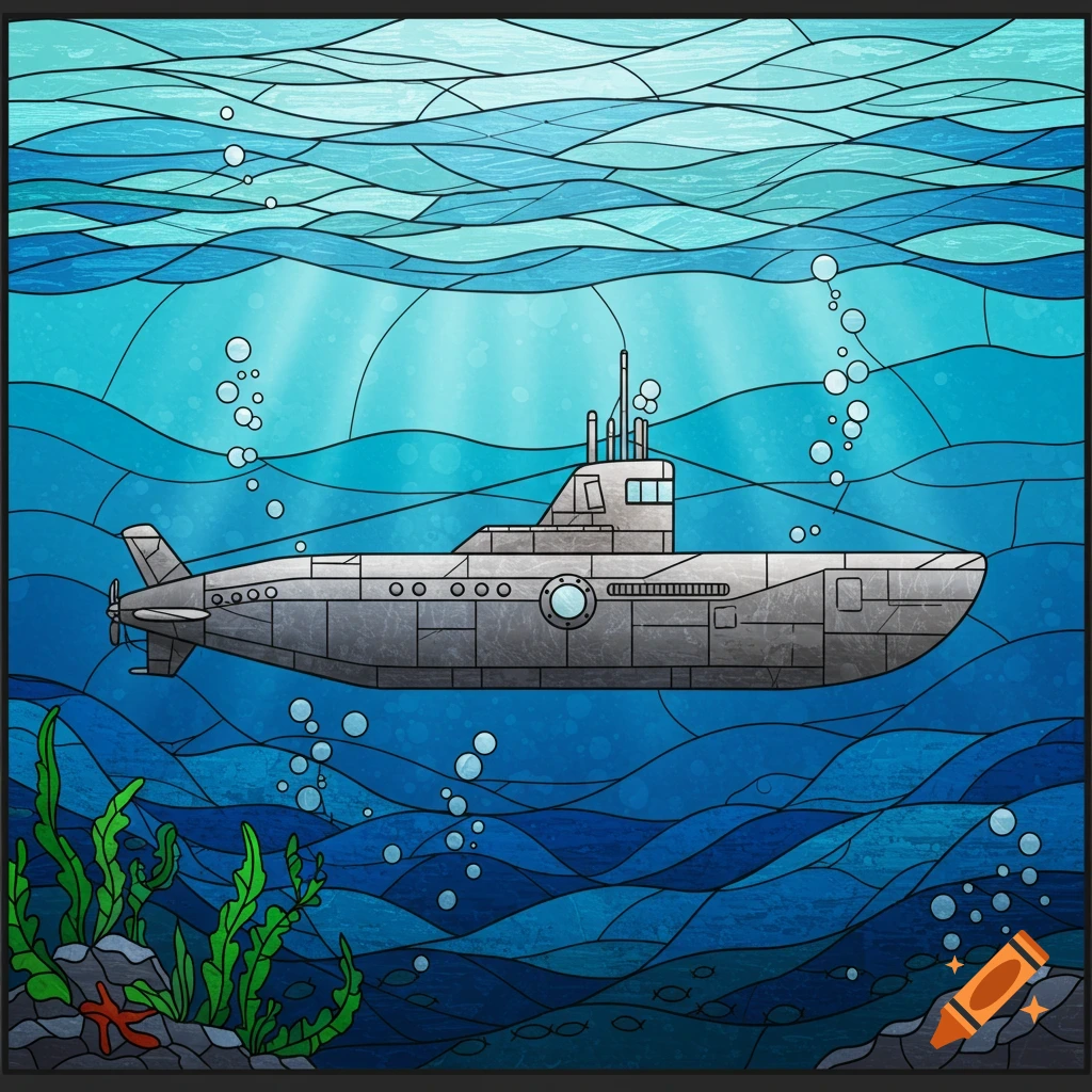 A submarine underwater in a stained glass window style.