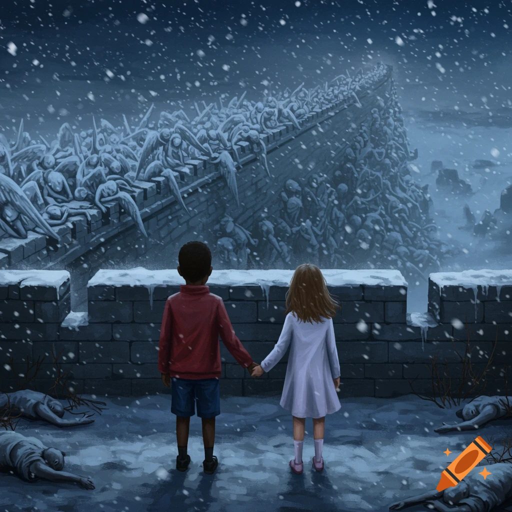 Two children hold hands on a snowy castle wall, looking at a towering wall covered in dead figures.