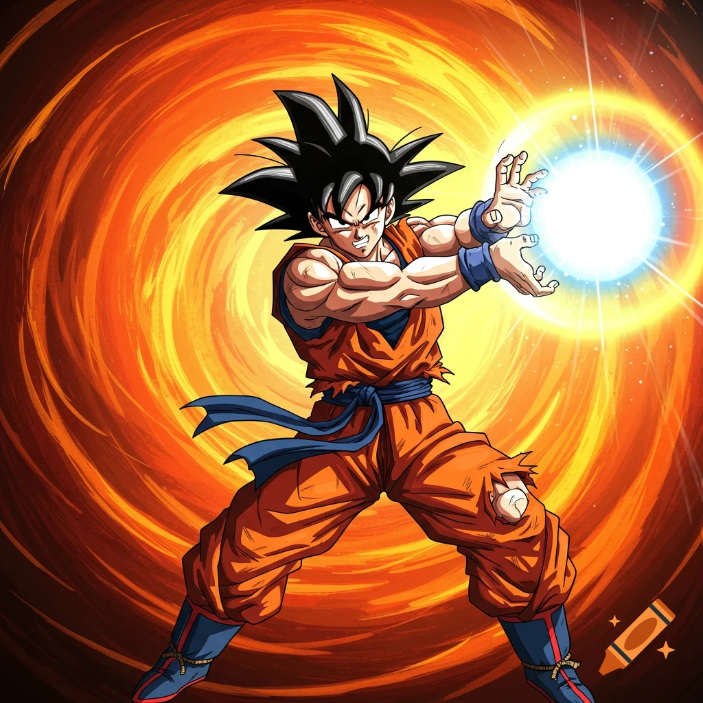 Goku charges a blue energy ball against a swirling orange background.