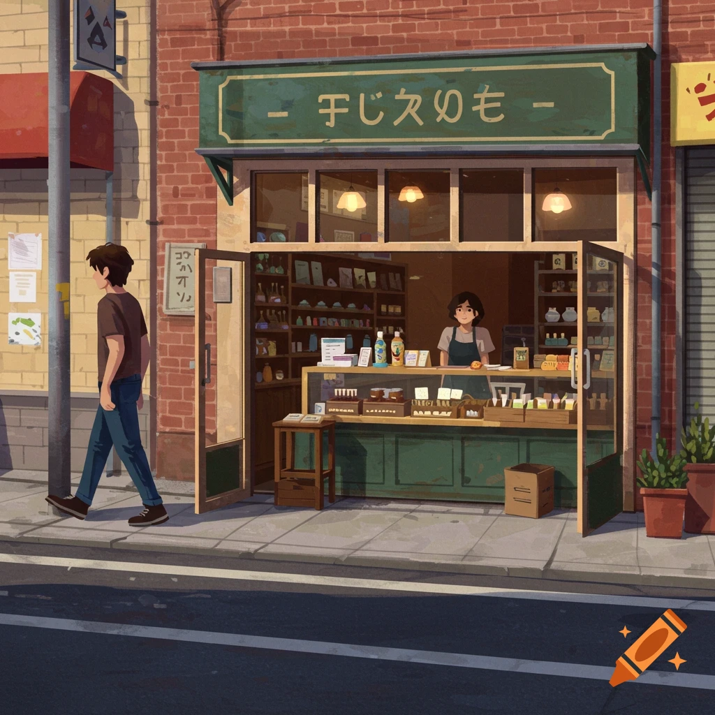 Painting of a person walking past a street shop, with a person inside, view from the road.