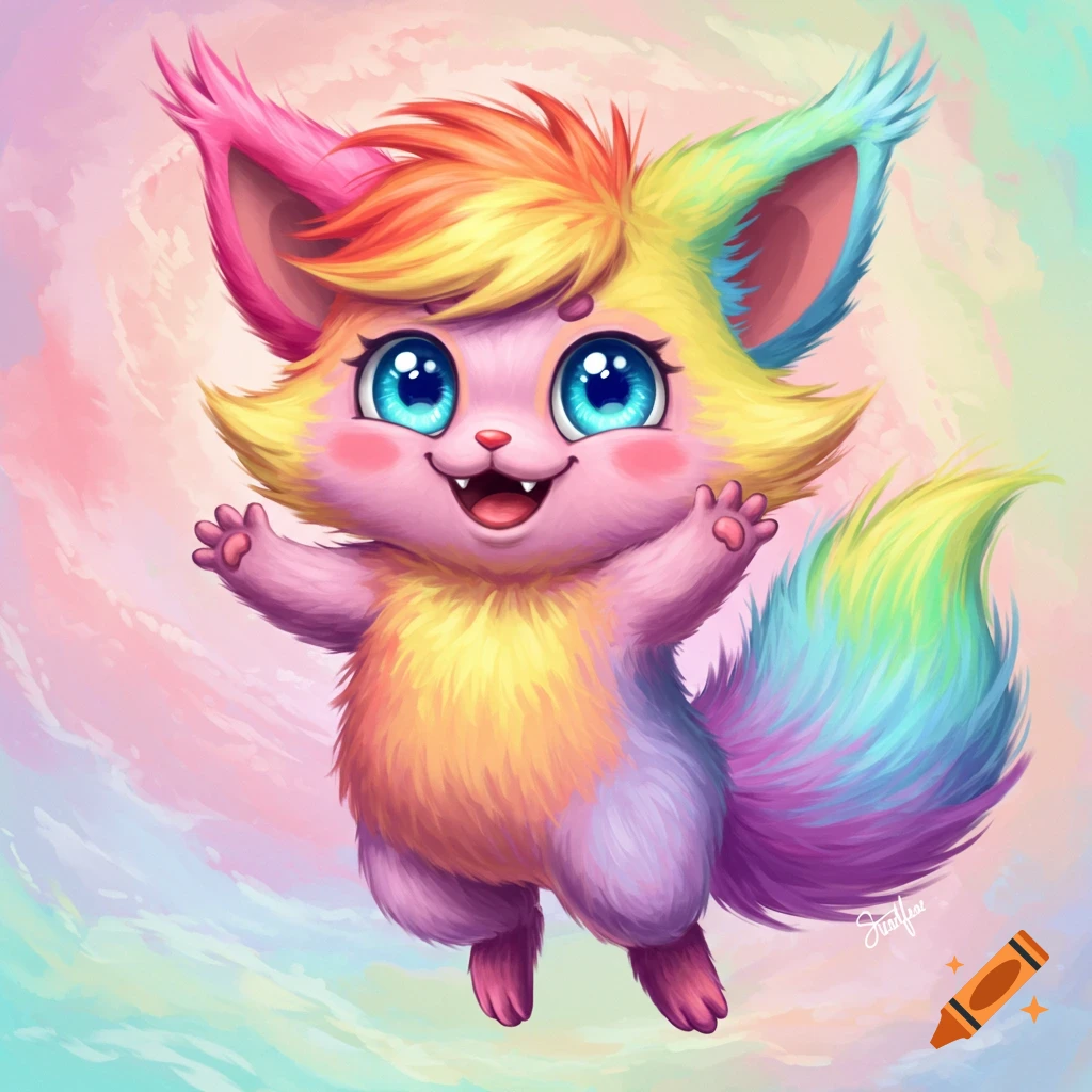A cute, fluffy rainbow-colored fantasy creature.