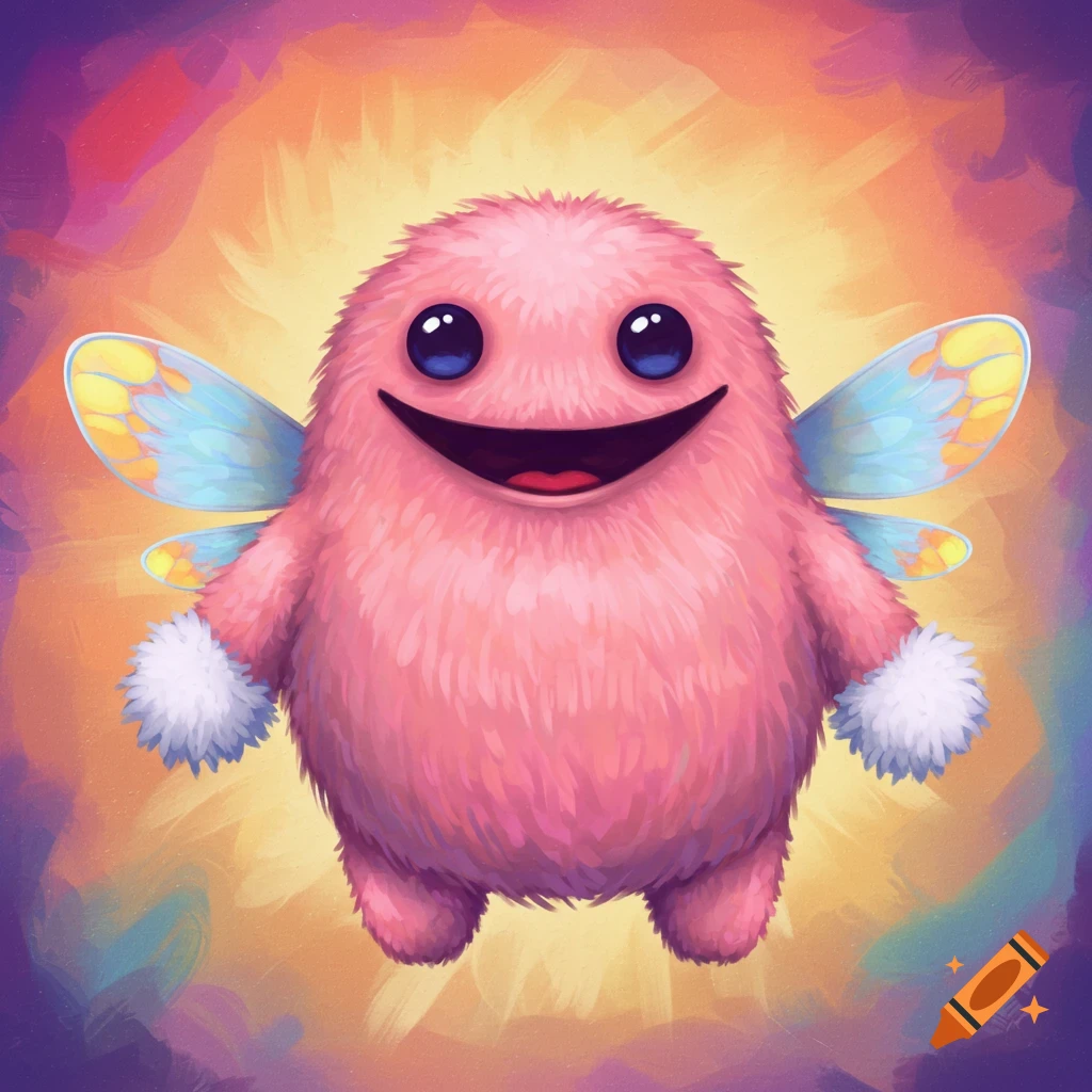 A pink fluffy fantasy creature with wings and large eyes.