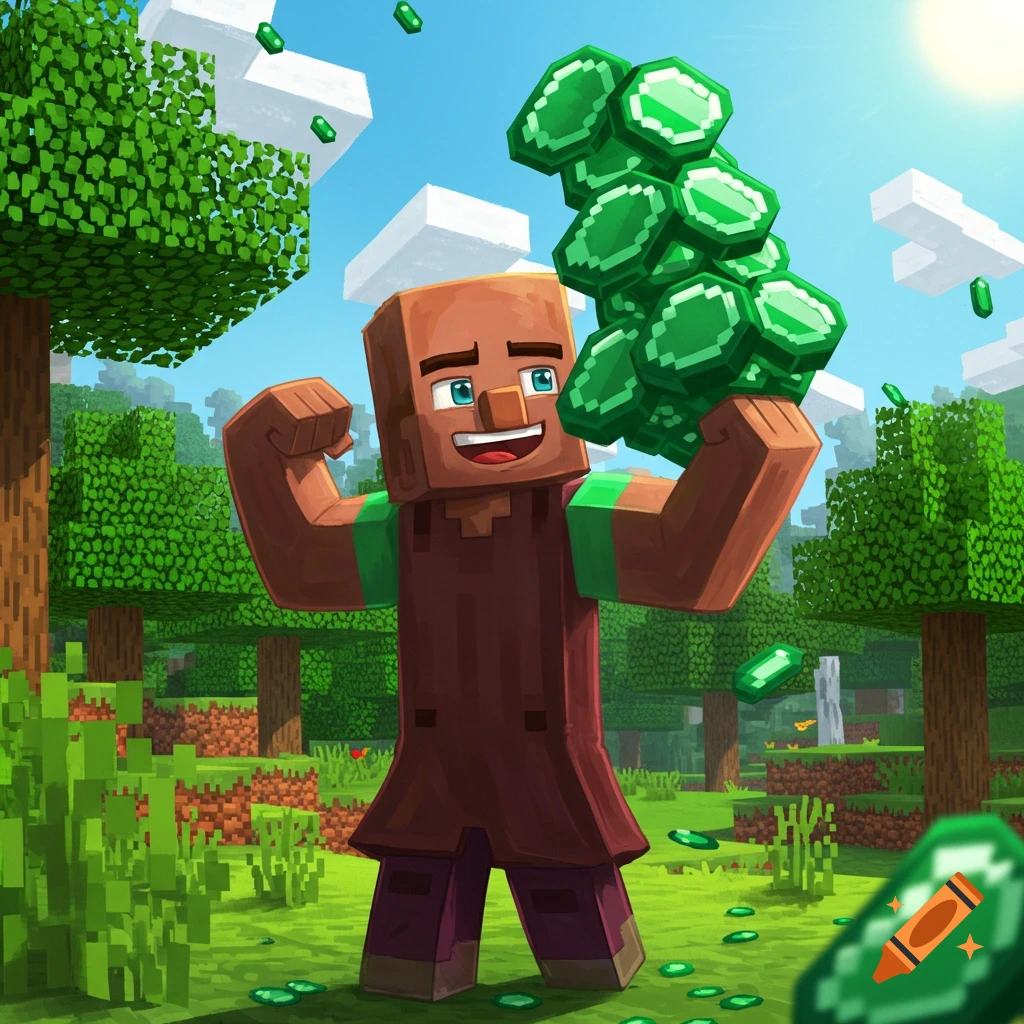 Minecraft villager flexing a cluster of emeralds in a forest