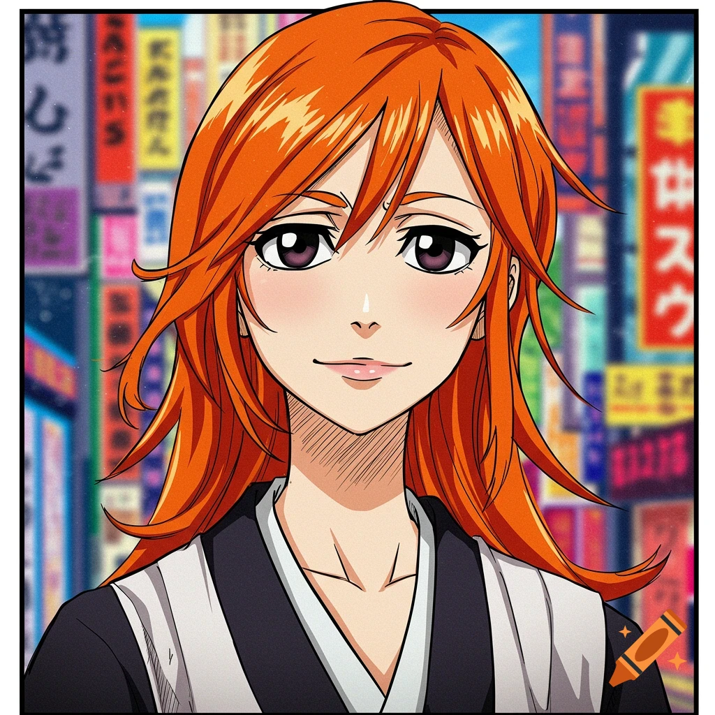 Anime portrait of a woman with orange hair wearing a uniform against a blurry cityscape background.