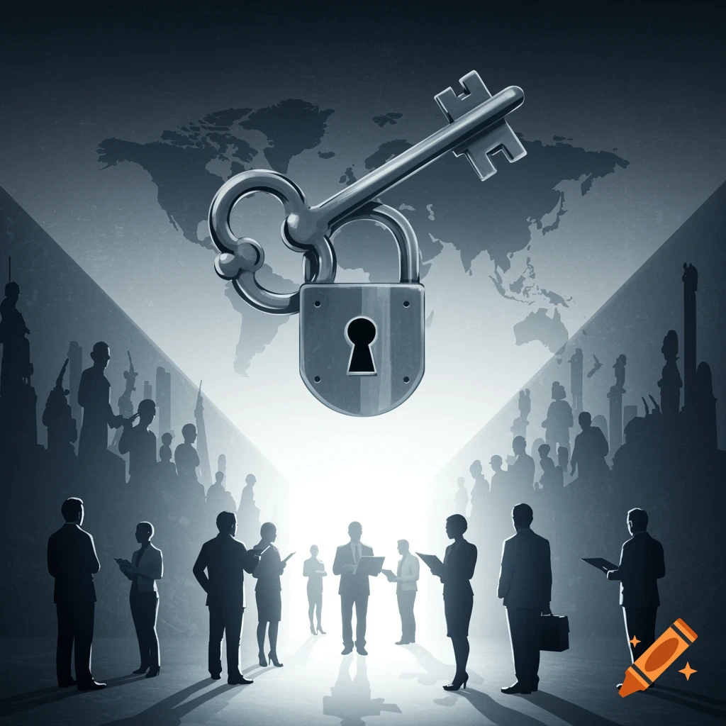Stylized illustration of a key and lock above silhouetted business figures and a world map.