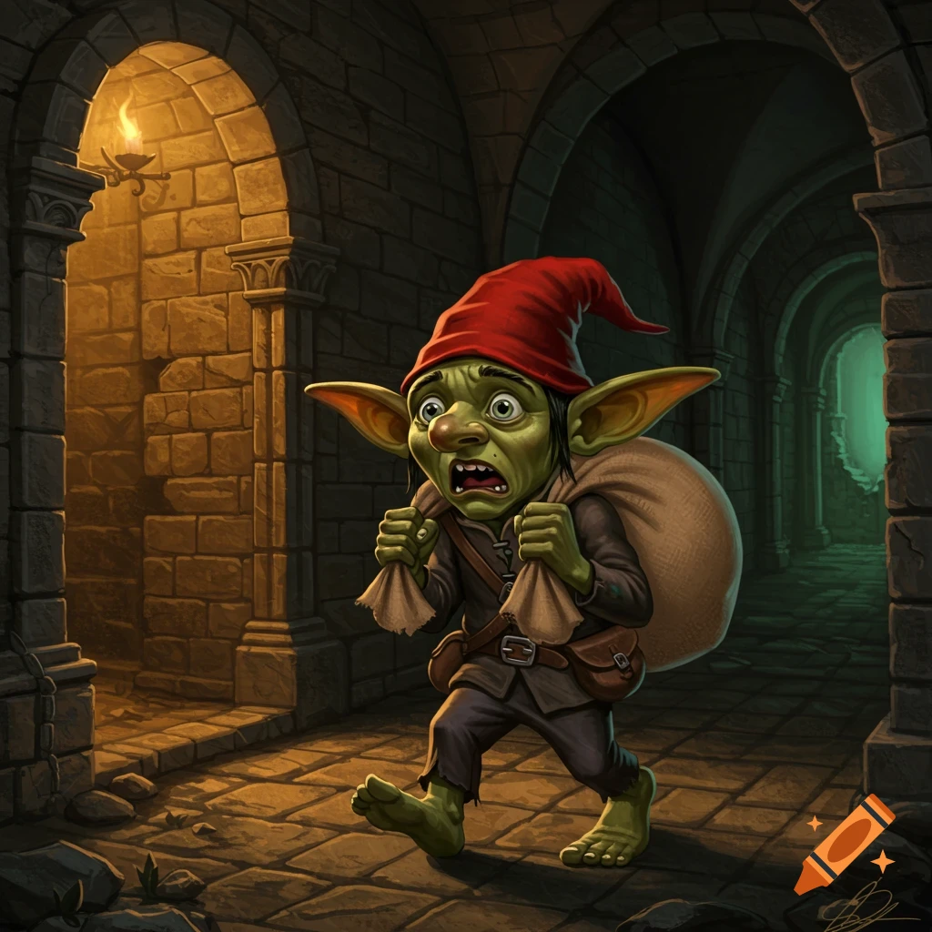 A scared green goblin with a red hat runs through a stone dungeon hallway carrying a sack.