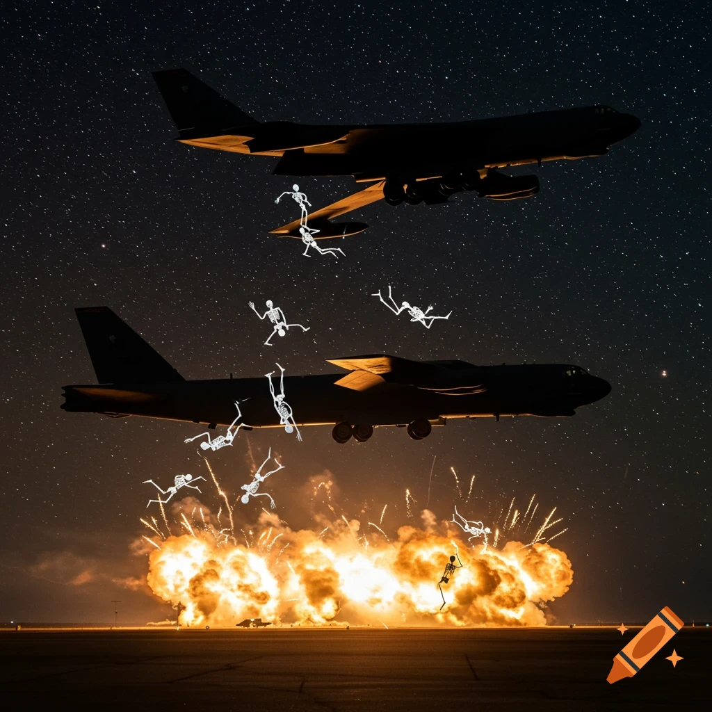 B-52 bombers fly under a starry night sky with skeletons falling from one plane and an explosion on the ground.