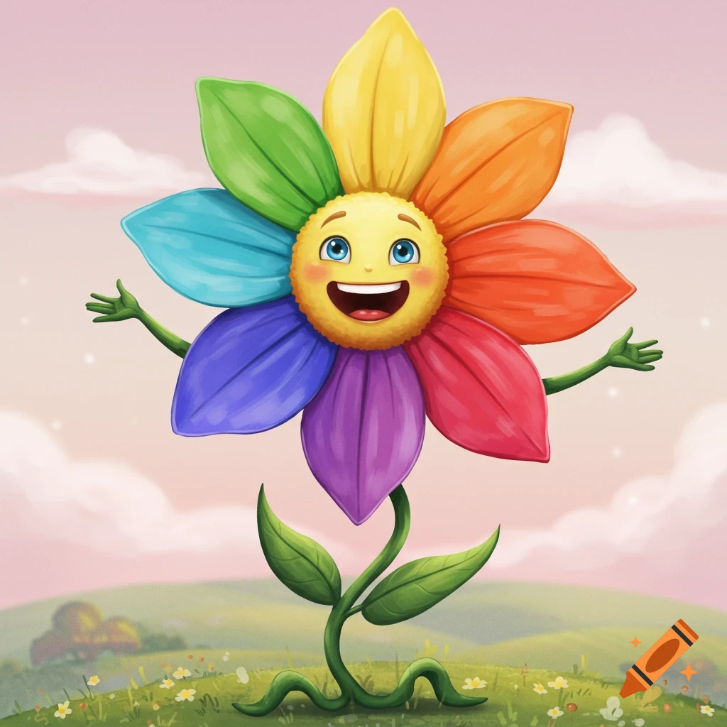 Cartoon rainbow flower character with arms and legs standing in a field.