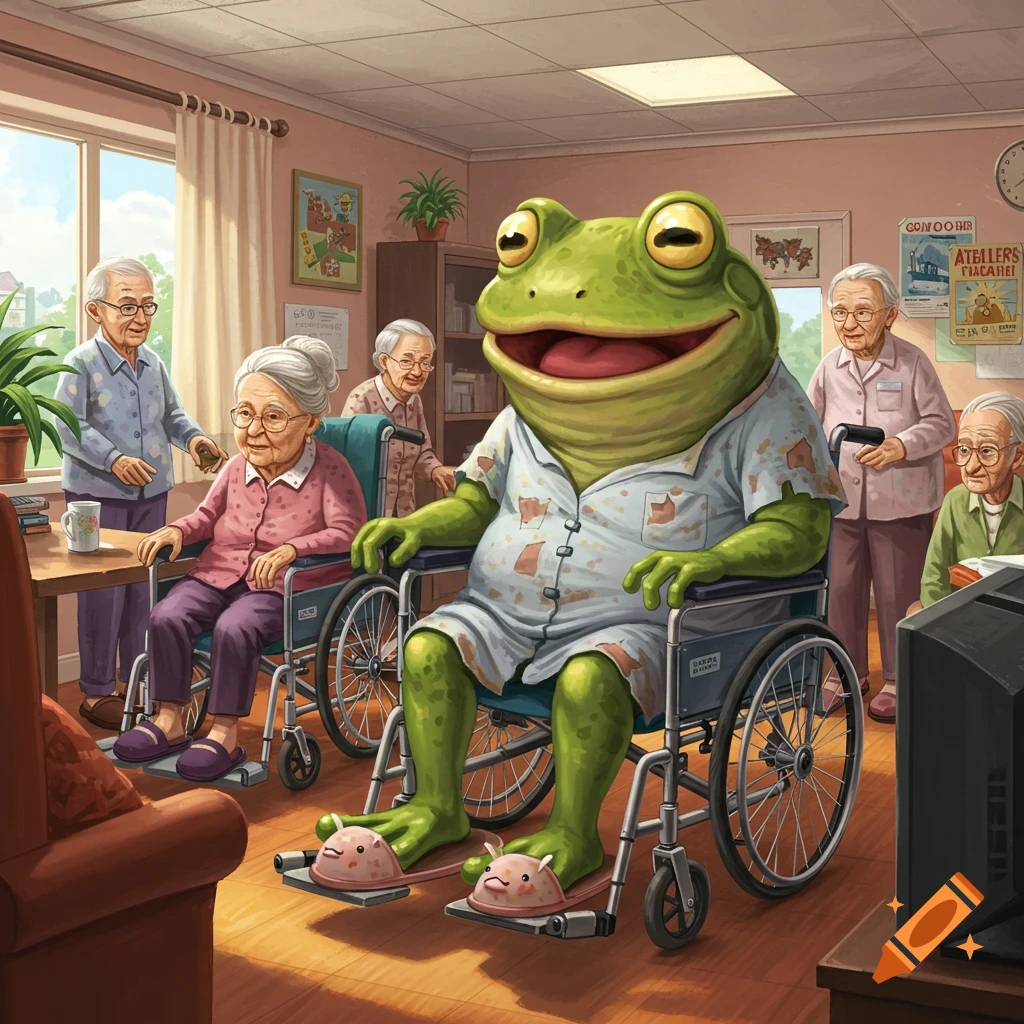 A large bullfrog in a wheelchair with elderly people in a nursing home.