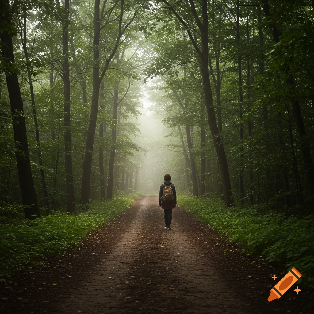 Person walking down a misty forest path