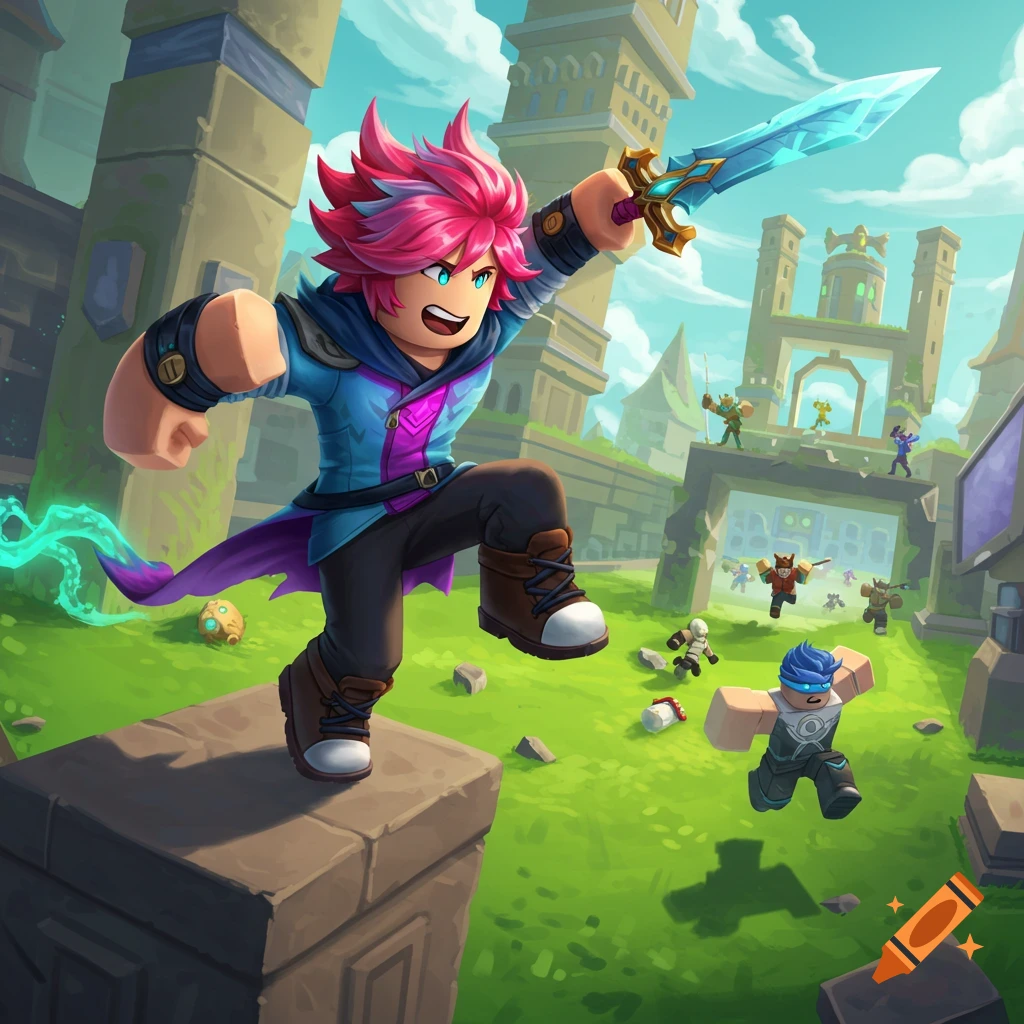 A Roblox-style character with pink hair jumping from a pillar, holding a glowing sword, overlooking a battle scene in a ruined city.