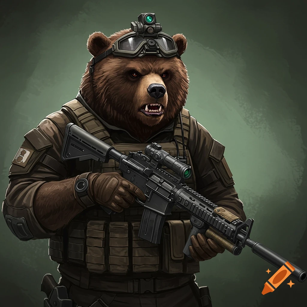 An angry anthropomorphic bear in tactical gear holding an M4A1 carbine.