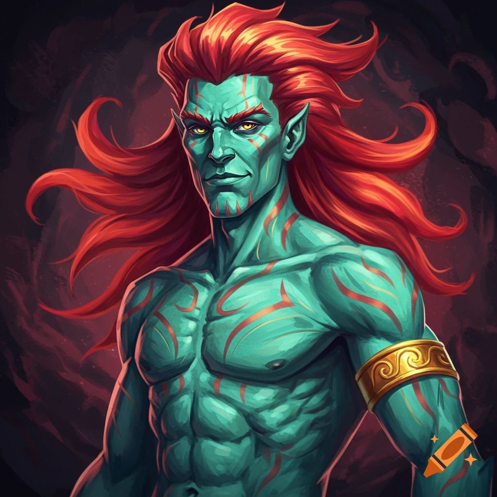 A muscular man with teal skin, red hair, and gold arm band.