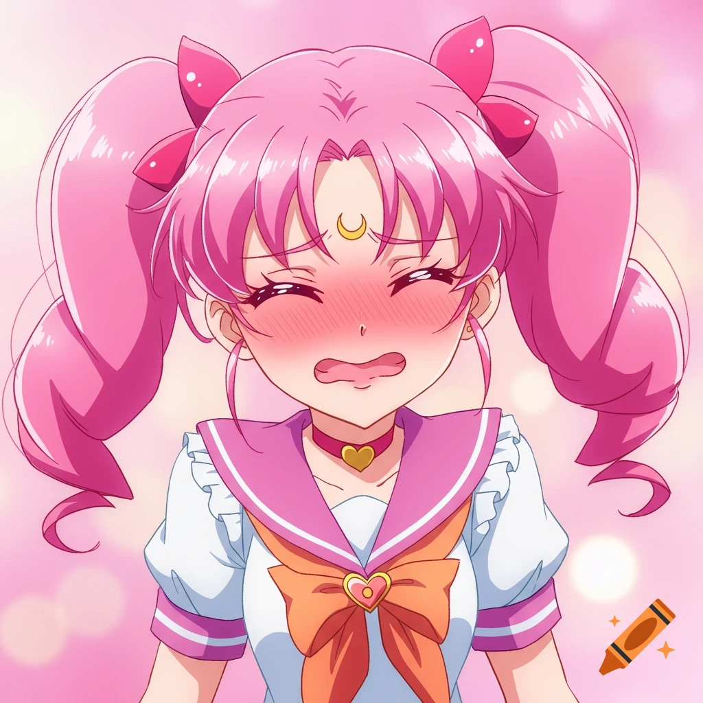 Anime portrait of a girl with pink pigtails and sailor uniform, blushing and cringing