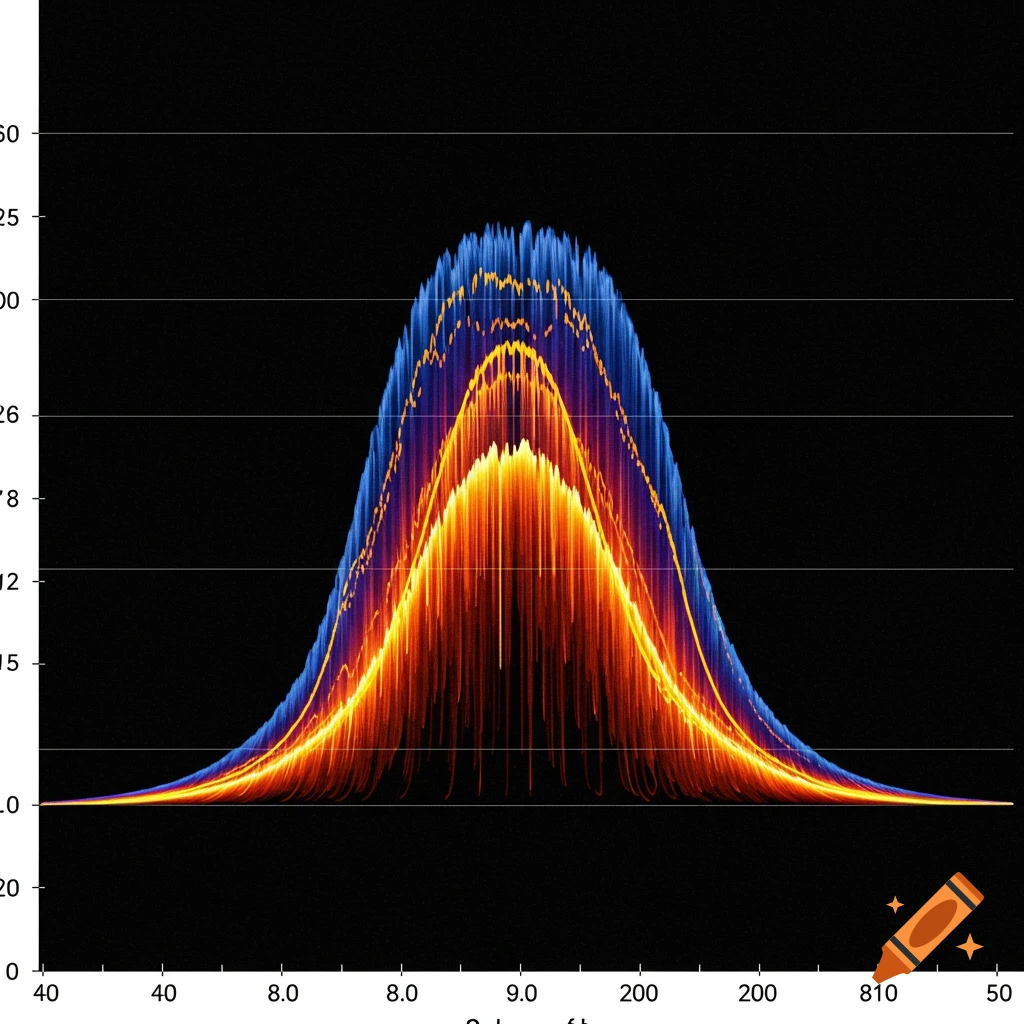 A colorful representation of a normal distribution curve on a black background with axis labels.