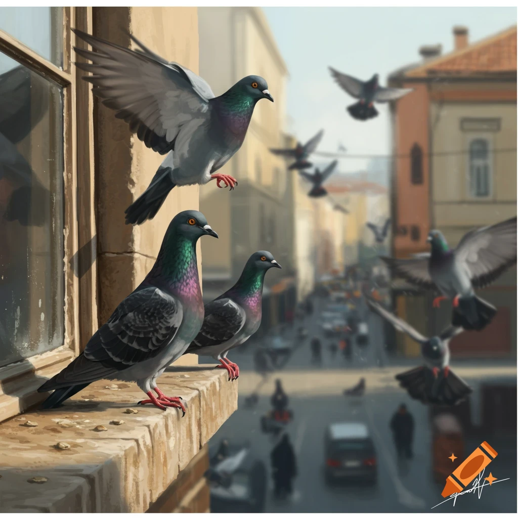 Pigeons perch on a windowsill overlooking a busy city street.