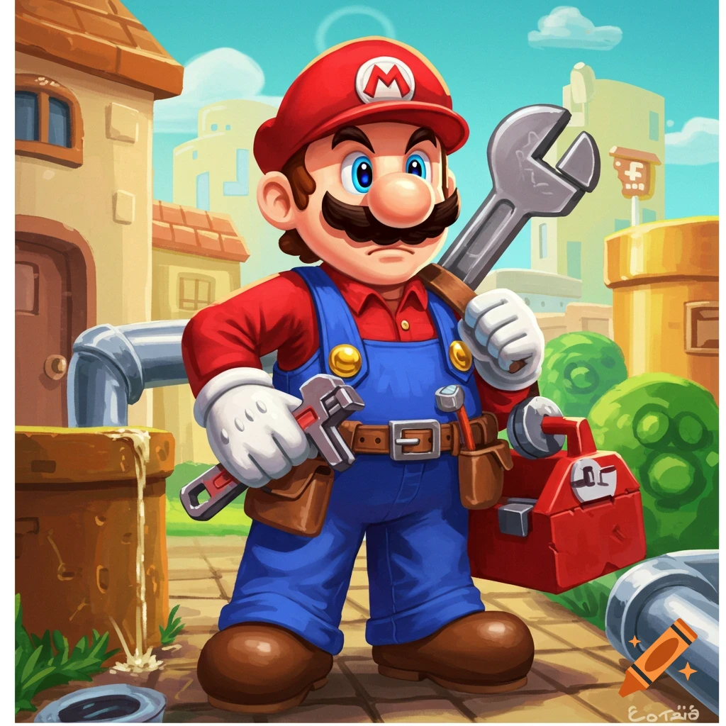 Super Mario in plumber gear with wrench and toolbox.