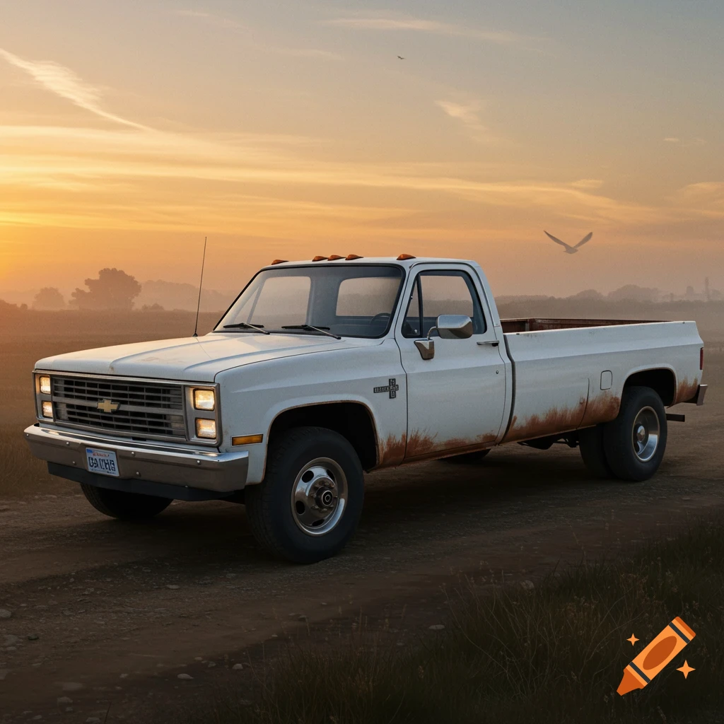 A white Chevrolet dually pickup truck with rust patina on a dirt road at sunset.