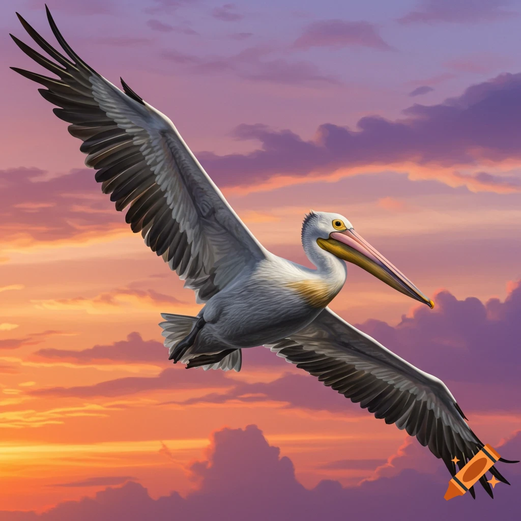 A pelican is flying against an orange and purple sunset sky.