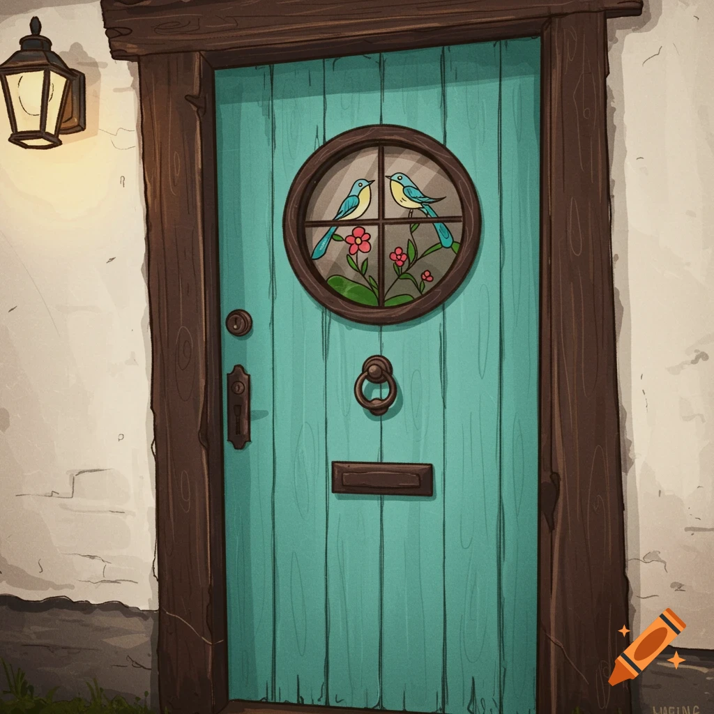 A teal blue cottage door with a round window showing two blue birds and pink flowers.
