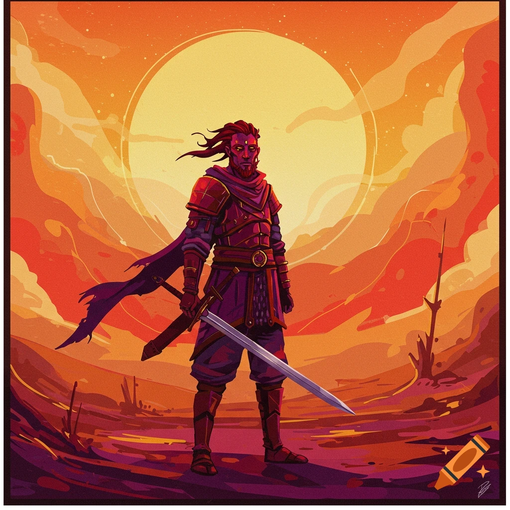 Stylized image of a fantasy warrior with a sword standing before a large orange sun in a desert landscape.