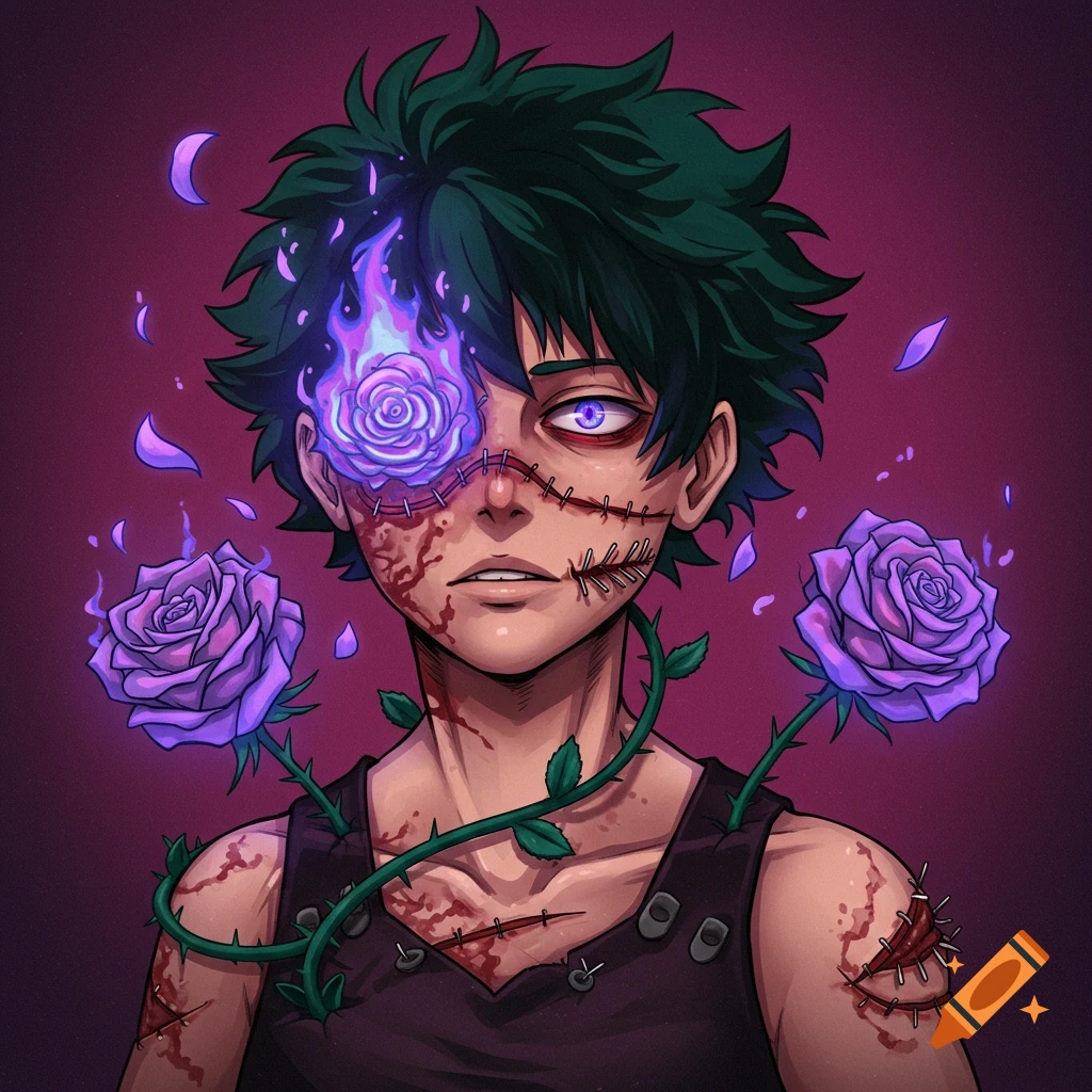 Anime character with a glowing purple rose growing from their eye socket, stitches on their face, and vines.