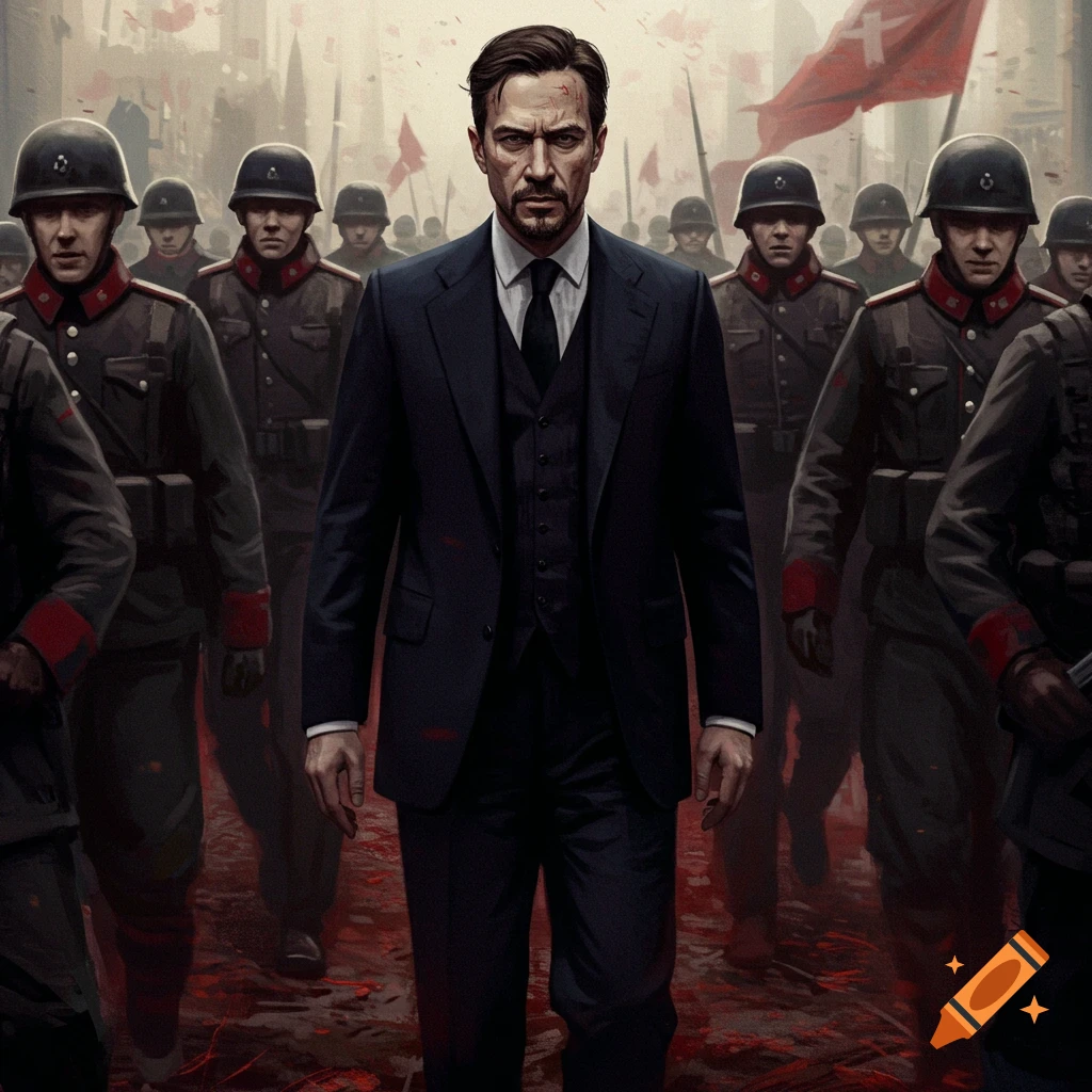 A man in a suit walks through a crowd of soldiers.