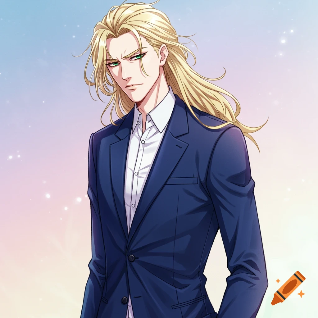Anime portrait of a man with long blonde hair and green eyes wearing a blue suit