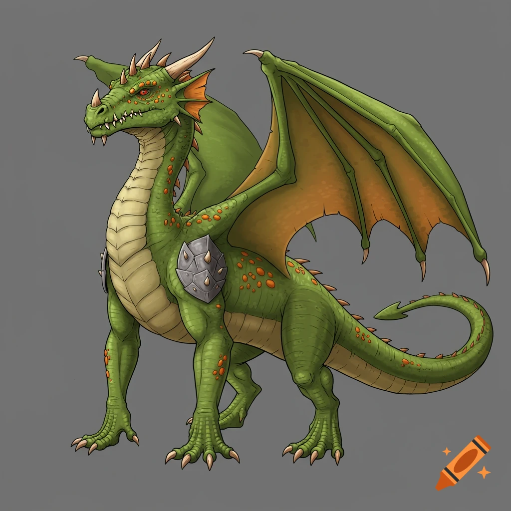 A green dragon with orange spots, red eyes, and wings.