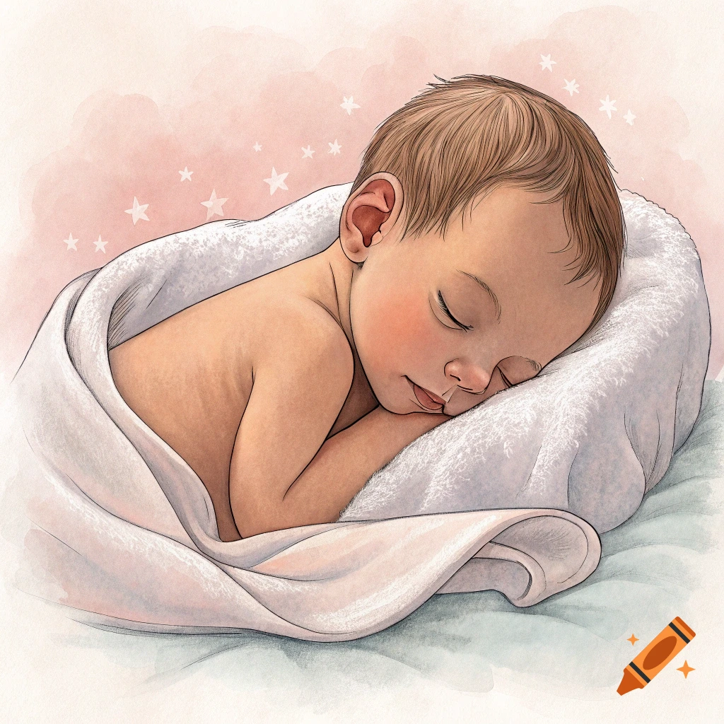 Illustration of a sleeping baby wrapped in a white blanket on a pillow with stars in the background