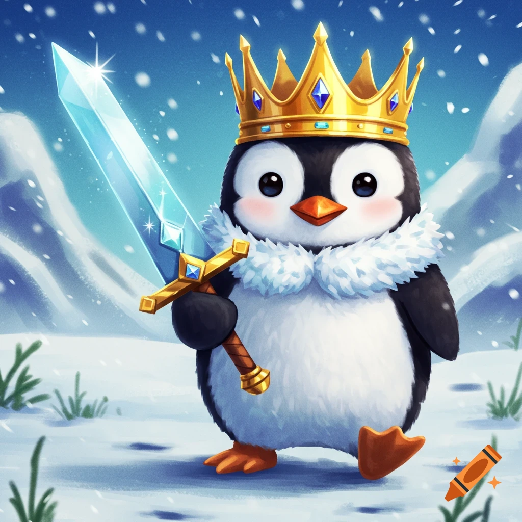 A cartoon penguin king holds a glowing ice sword in a snowy landscape.
