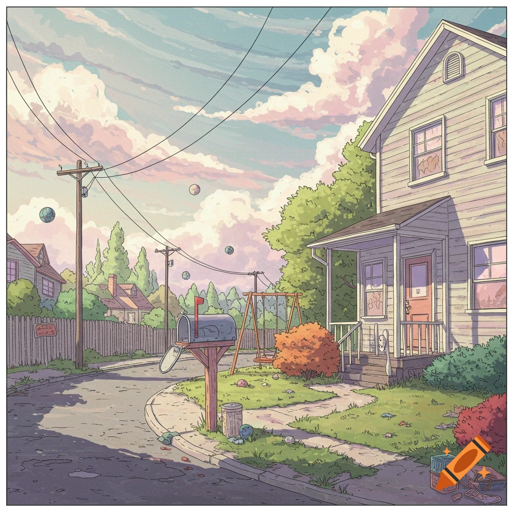 A suburban street with a house, mailbox, swing set, and floating spheres under a pastel sky.