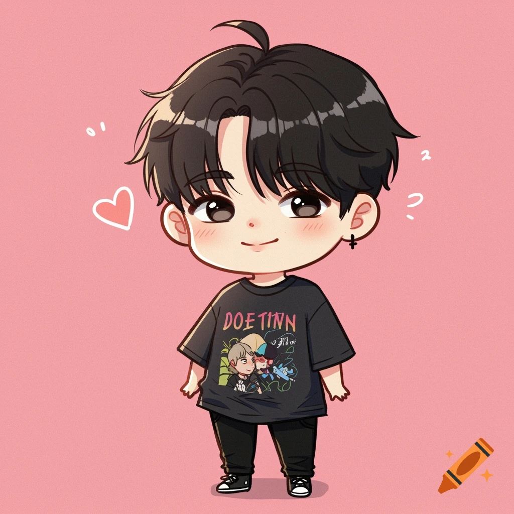 Chibi illustration of a Korean character in an oversized graphic tee against a pink background.