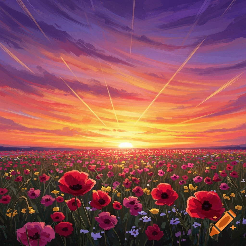 A vibrant sunset over a field of flowers.
