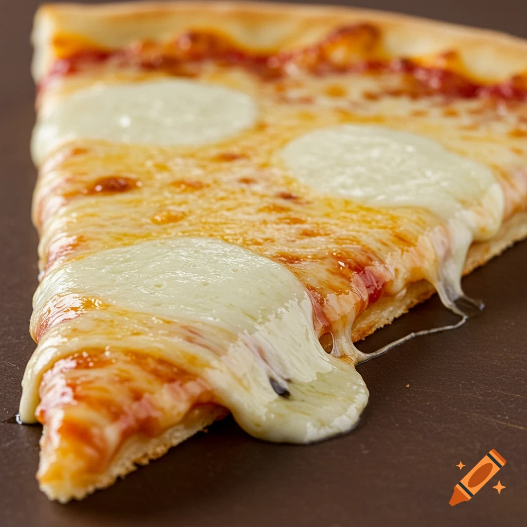 Close-up of a slice of cheese pizza with melted cheese dripping down
