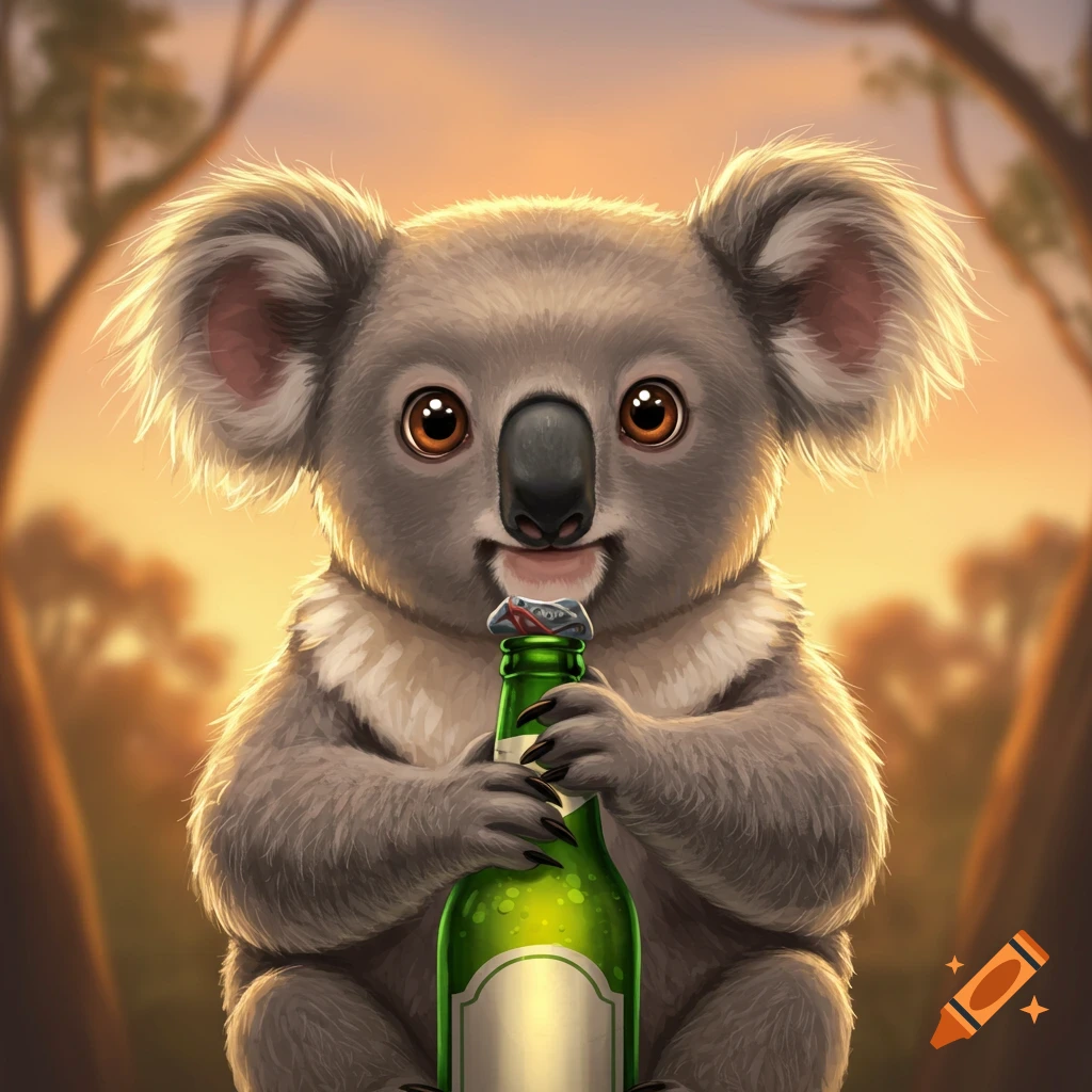 Cute image of a koala bear opening a green bottle.