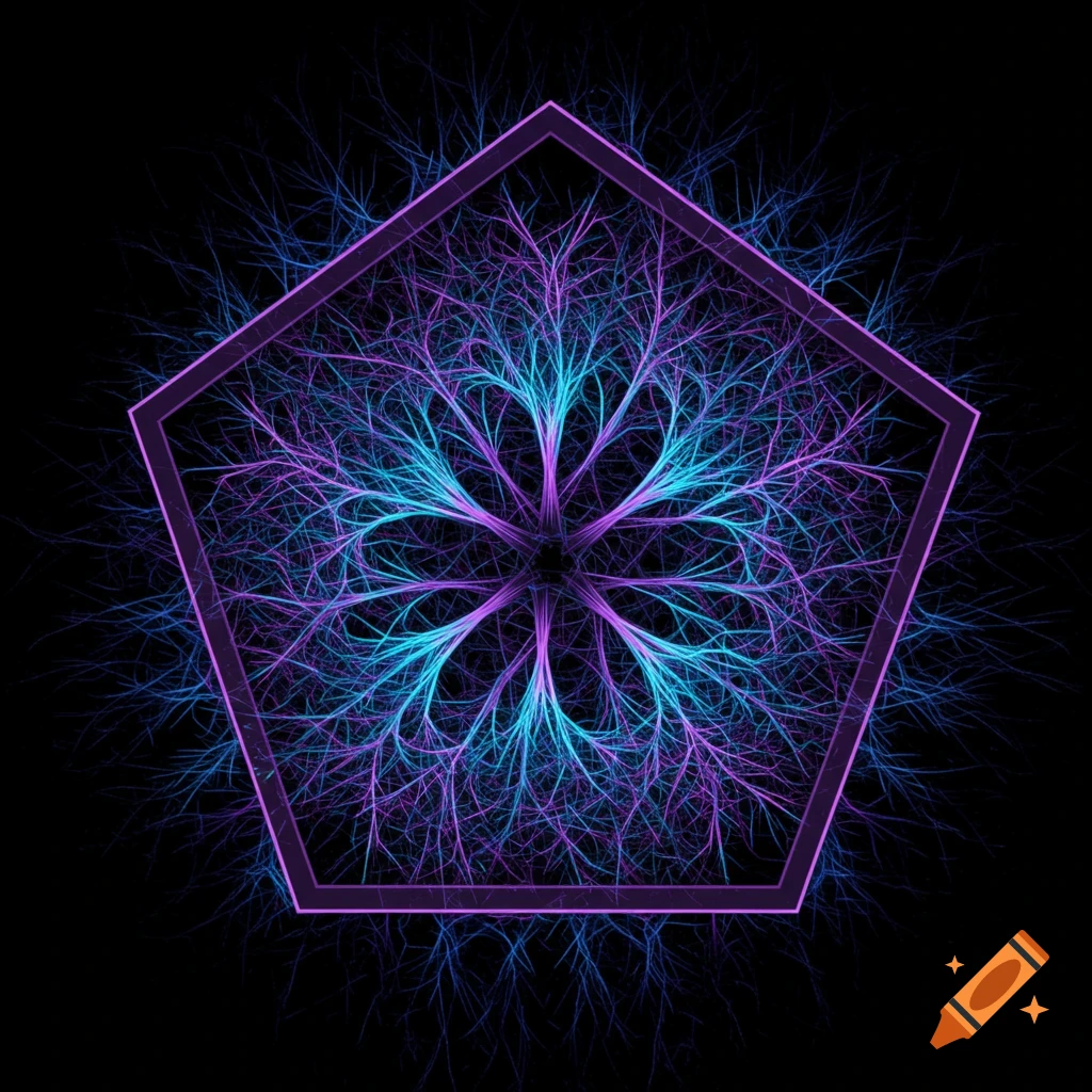 Purple pentagon outline with branching purple and blue fractal lines inside on a black background.