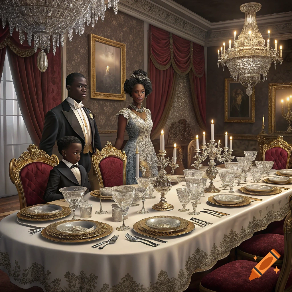 Formal portrait of a Black family seated at a grand dining table in a luxurious room.
