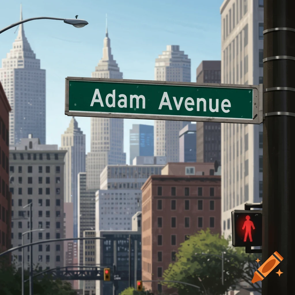 A street sign reading "Adam Avenue" in a city street with skyscrapers.
