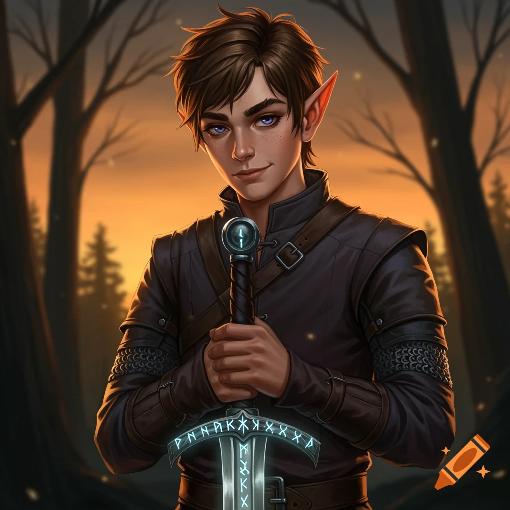Teen boy with elf ears holding a runed sword on Craiyon