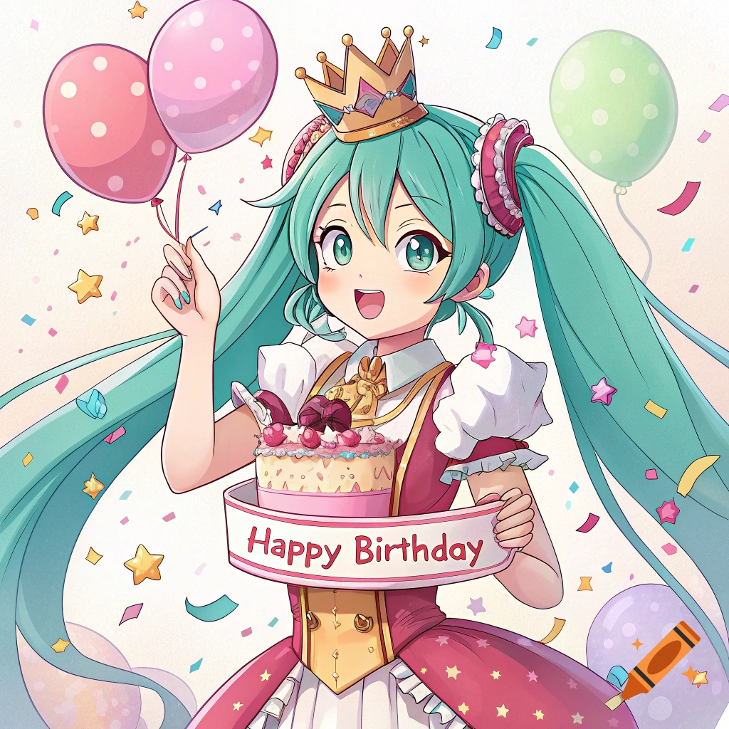 Anime illustration of Hatsune Miku holding a birthday cake and balloons, surrounded by confetti.