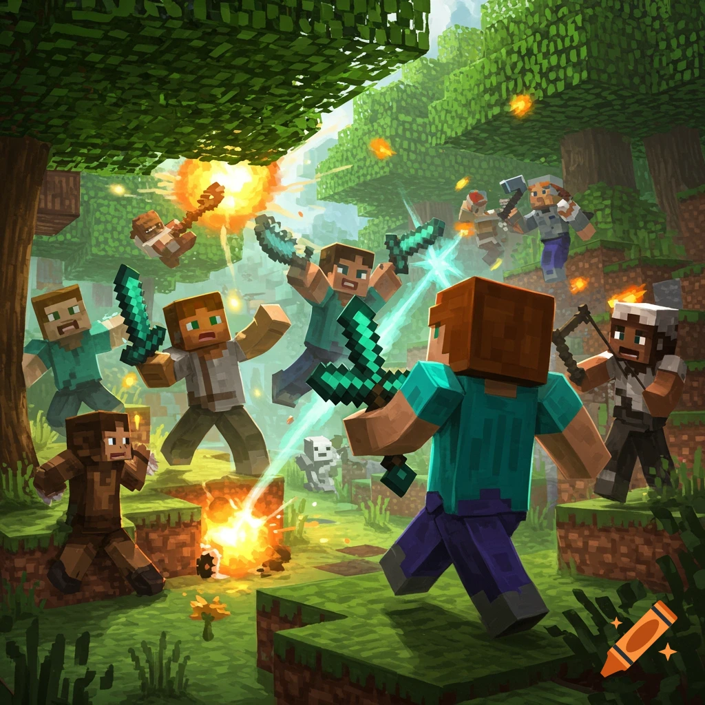 Blocky Minecraft characters battling with swords and axes in a forest.