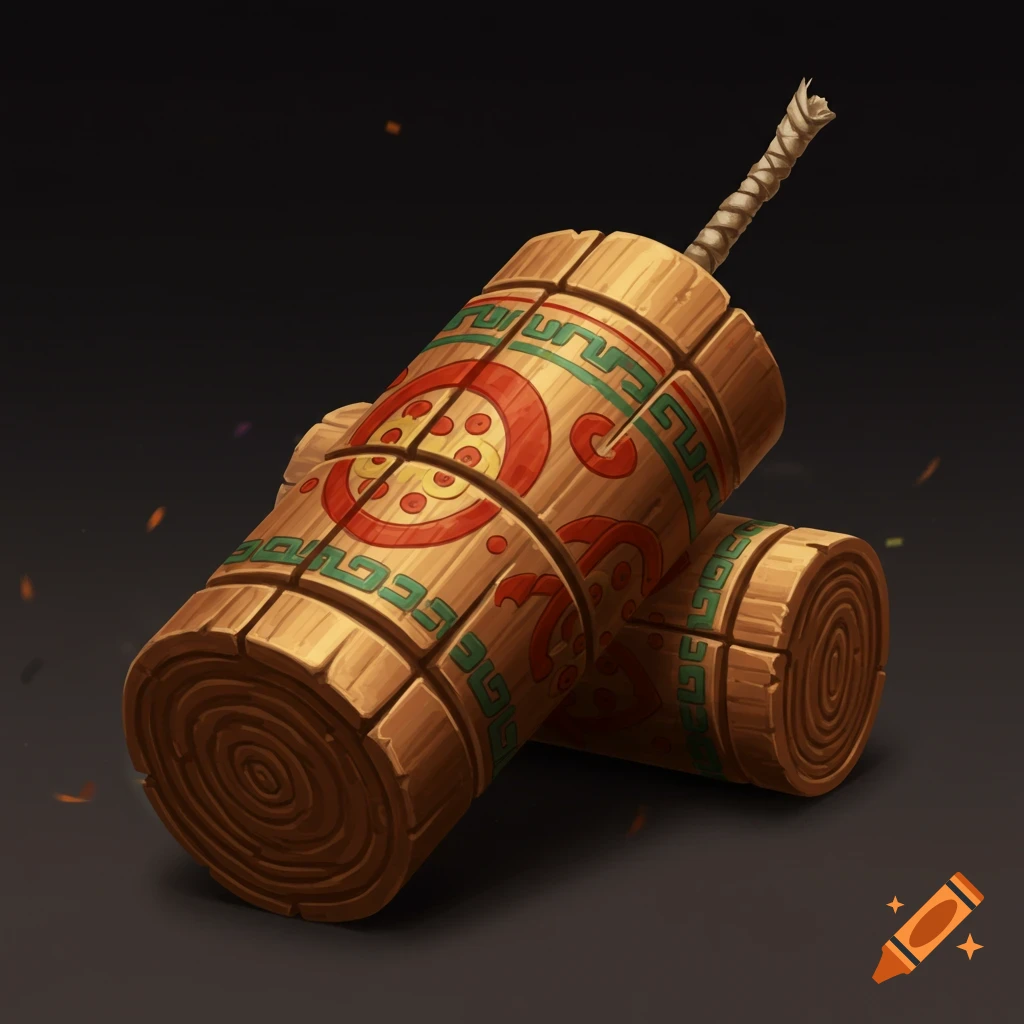 An image shows two wooden firecrackers with decorative patterns.