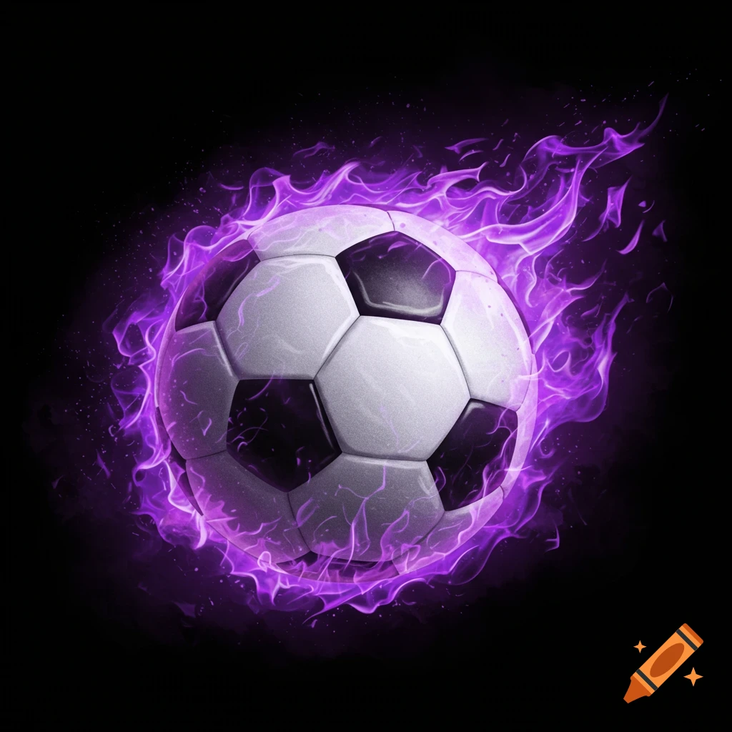 Soccer ball surrounded by purple fire on a black background