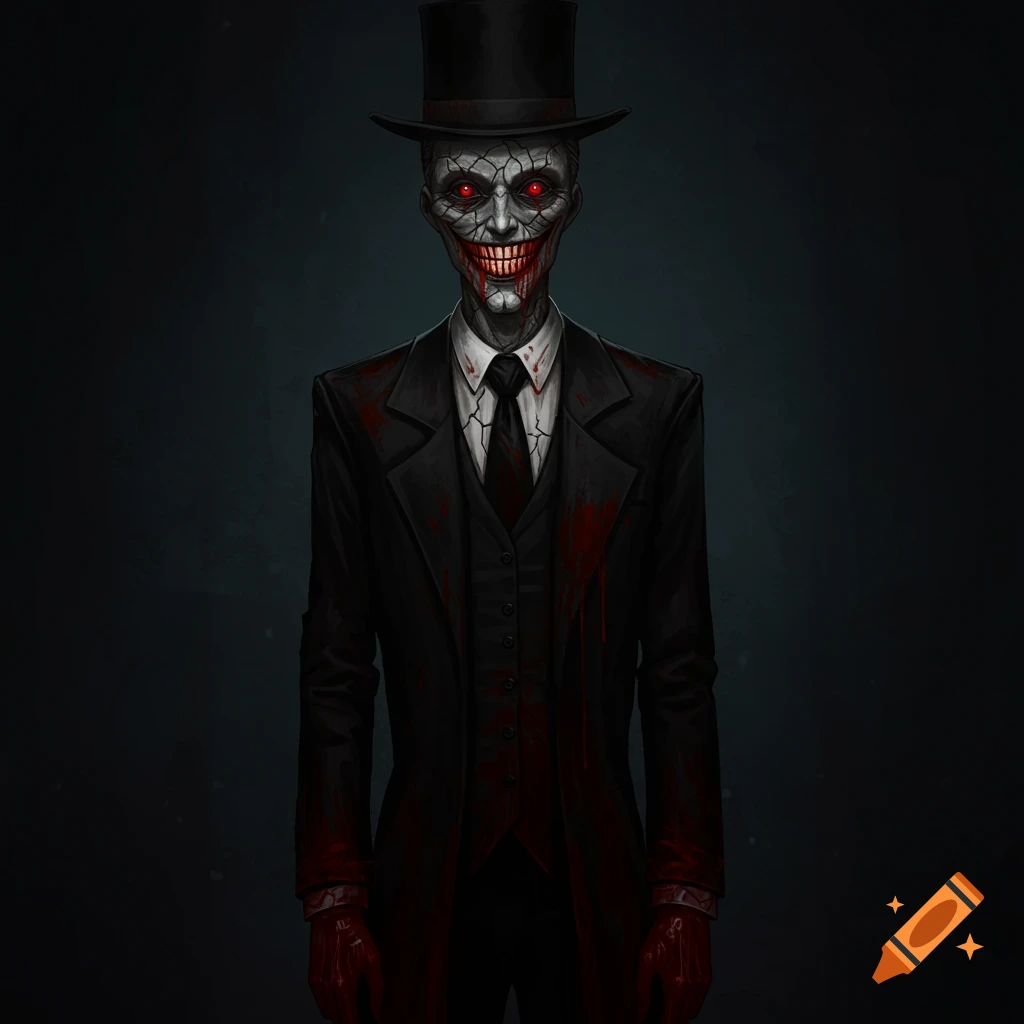 A scary humanoid figure in a suit and top hat with red eyes, sharp teeth, cracked skin, and bloodstains.