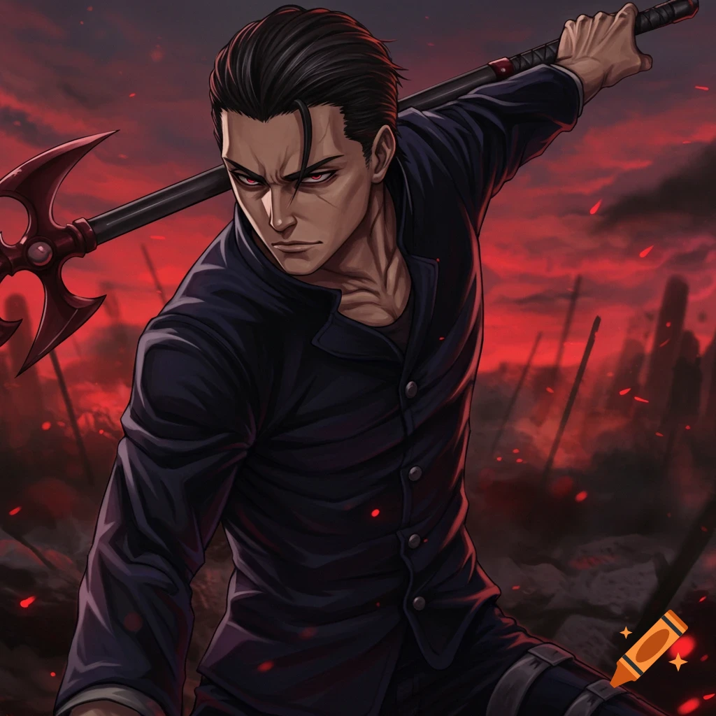 Image of an anime man with red eyes holding a scythe in a red-skied battlefield.