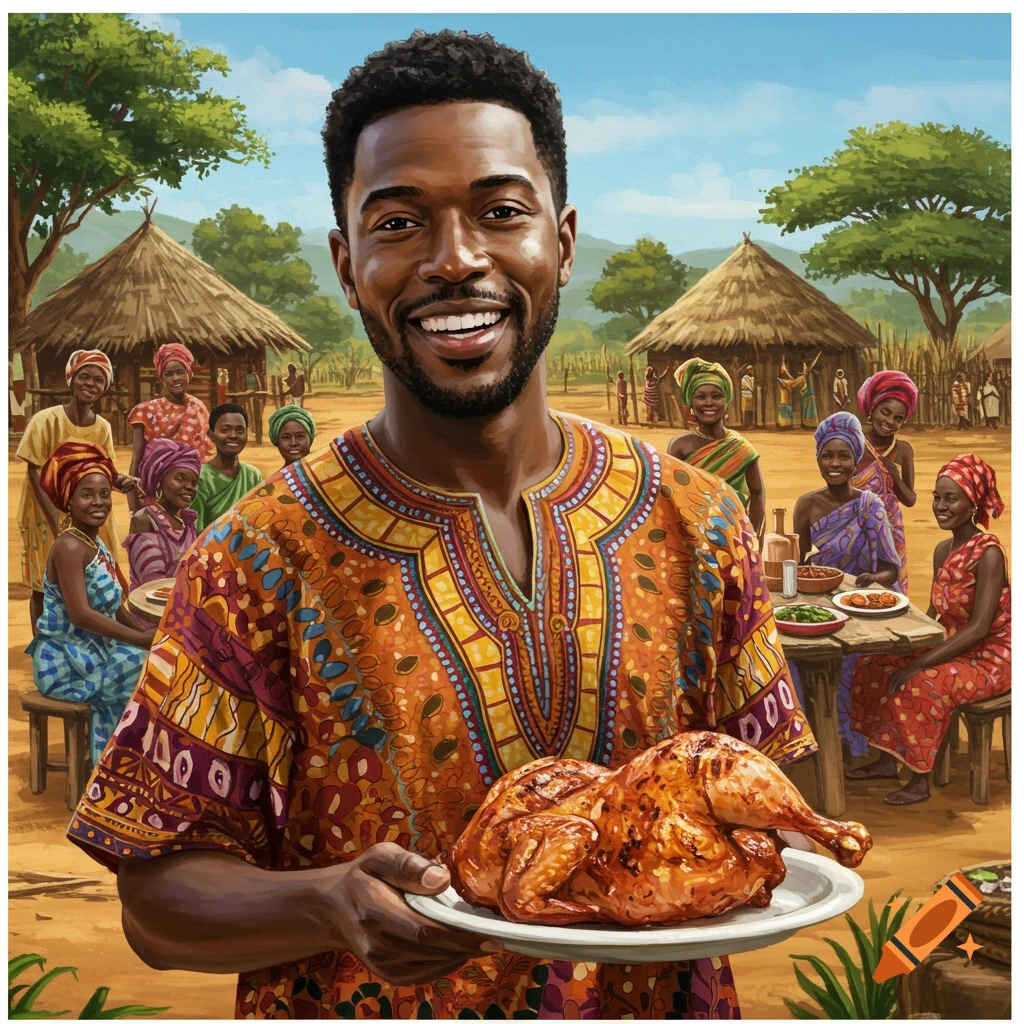 A black man holds a roasted chicken at an outdoor cookout in Africa.