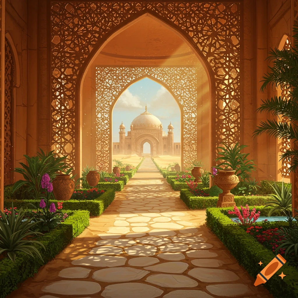 A garden path through ornate arches leading to a domed building in a desert.
