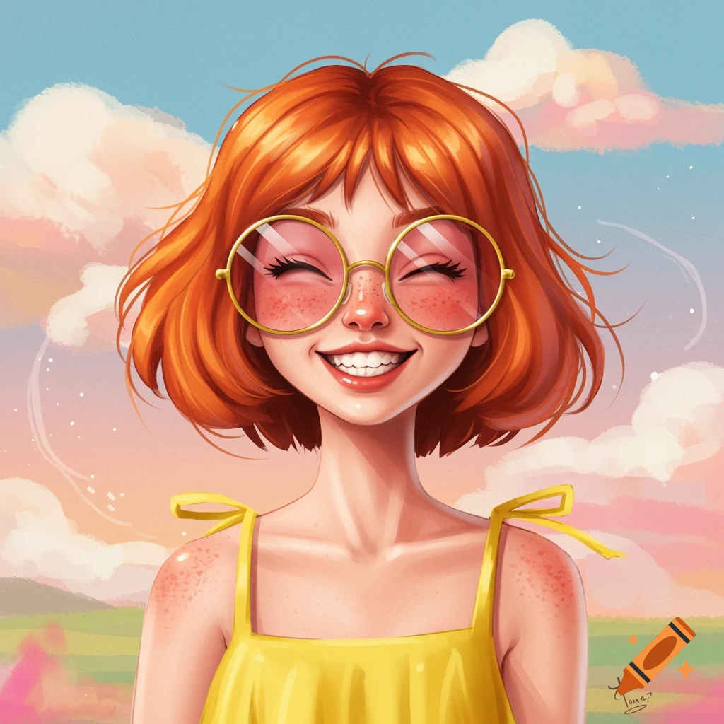 A smiling red-haired girl with freckles and sunglasses.